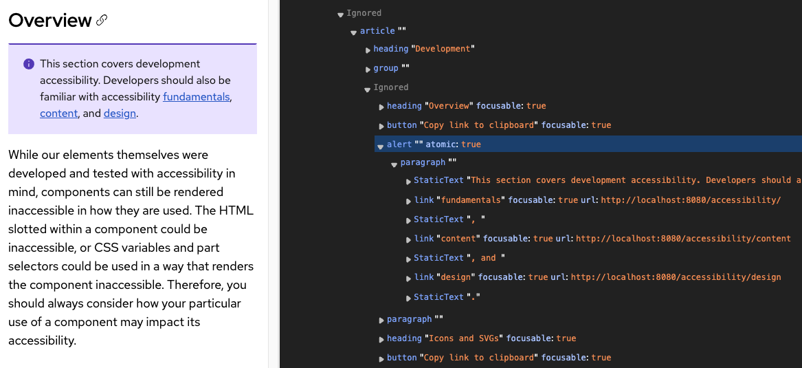 Screenshot showing the rendered page content in the browser on the left and the same content in the accessibility tree view on the right in DevTools