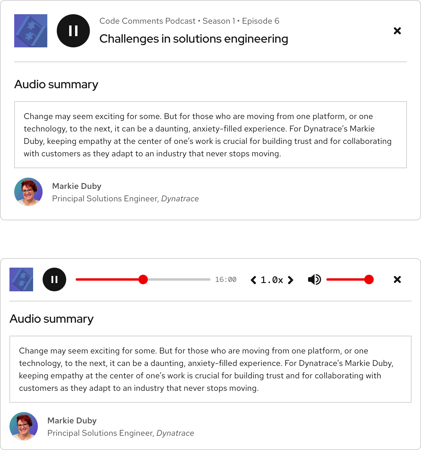 Image of the Full and Compact players showing the Audio summary feature in the content panel