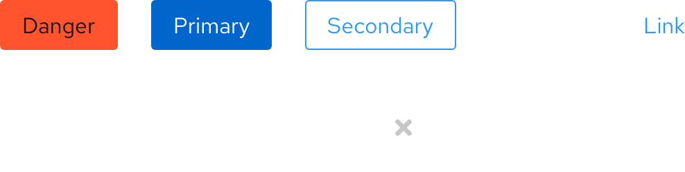 Image of dark theme Danger, Primary, Secondary, Tertiary, Link, Play, and Close buttons