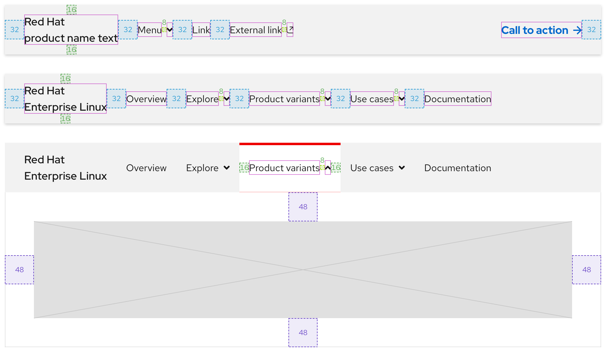 Image of secondary navigation spacing values on large breakpoints