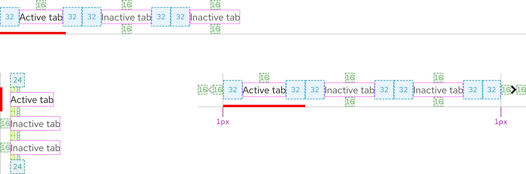 Image of open tabs spacing for all sizes and orientations